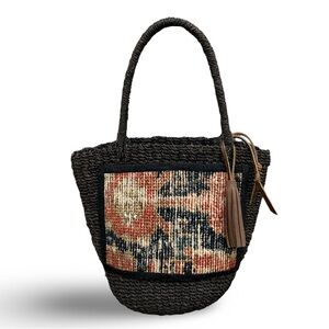 Woven Sisal Carpet Bag Small Tote in Charcoal with Antique Persian Rug